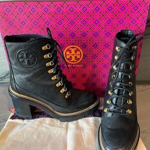 Tory Burch Miller 90mm Log Sole Black Leather Ankle Boots 8.5
